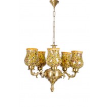 Traditional 5 Light Brass And Glass Chandelier